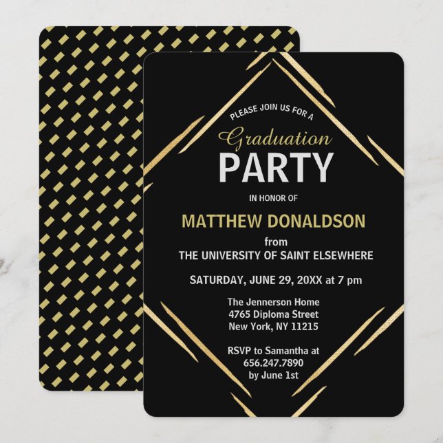 Modern Gold Black Geometric 2025 Graduation Party Invitation (Front/Back)