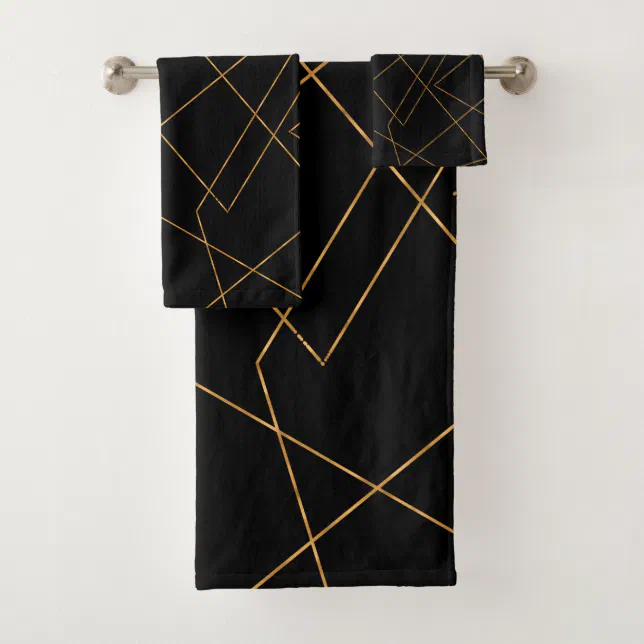 Modern Gold & Black Geometric Strokes Design Bath Towel Set | Zazzle