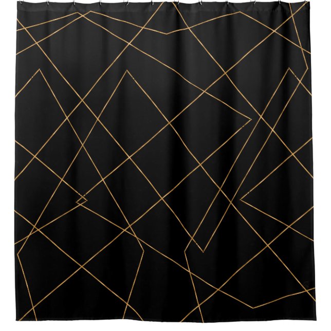 Modern Gold & Black Geometric Strokes Design Shower Curtain (Front)