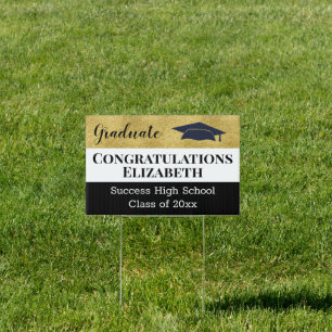 Modern Gold Black Girly Grad Cap Graduation Sign