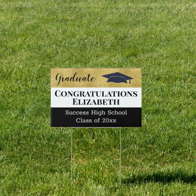 Modern Gold Black Girly Grad Cap Graduation Sign (Insitu)
