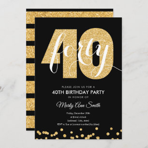 Modern Gold & Black Glitter 40th Birthday Party Invitation