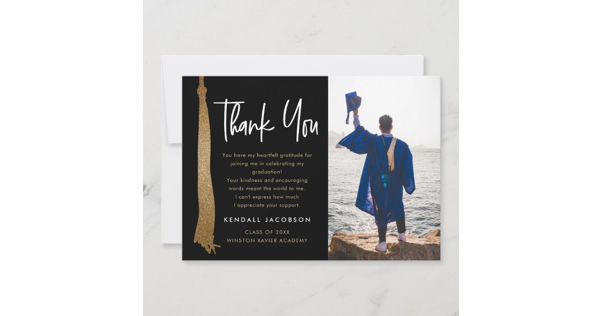 Modern Gold Black Graduation Cap Tassel Photo Thank You Card | Zazzle