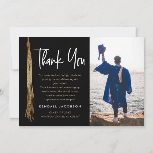 Modern Gold Black Graduation Cap Tassel Photo Thank You Card