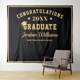 Modern Gold Black Graduation Photo Booth Backdrop