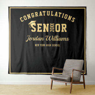 Modern Gold Black Graduation Photo Booth Backdrop