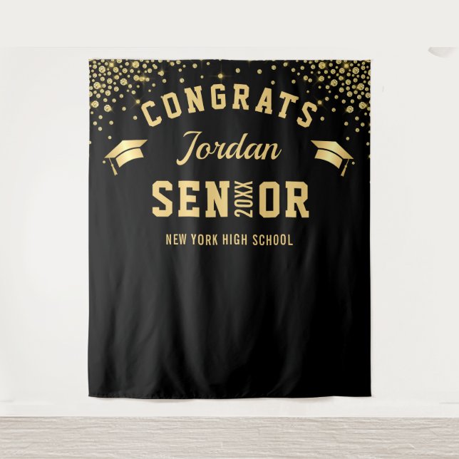 Modern Gold Black Graduation Photo Booth Backdrop (Front)