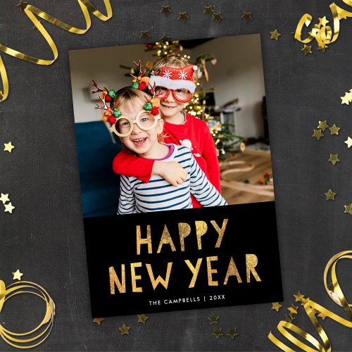 Modern Gold Black Happy New Year Photo Holiday Card