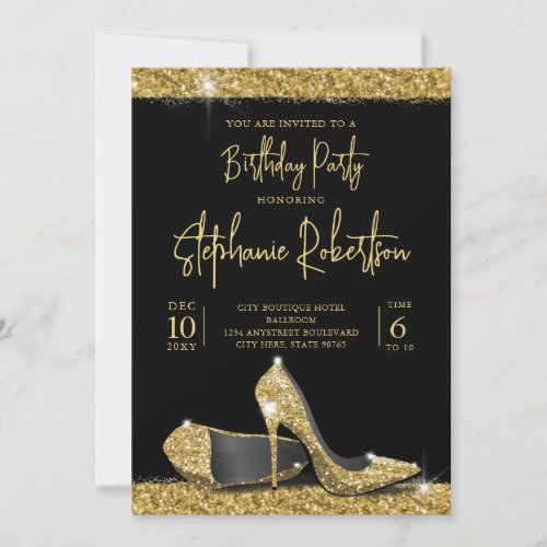Modern Gold Black High Heels Birthday Party Invitation