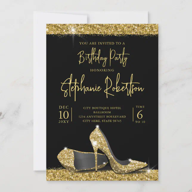 Modern Gold Black High Heels Birthday Party Invitation | Zazzle