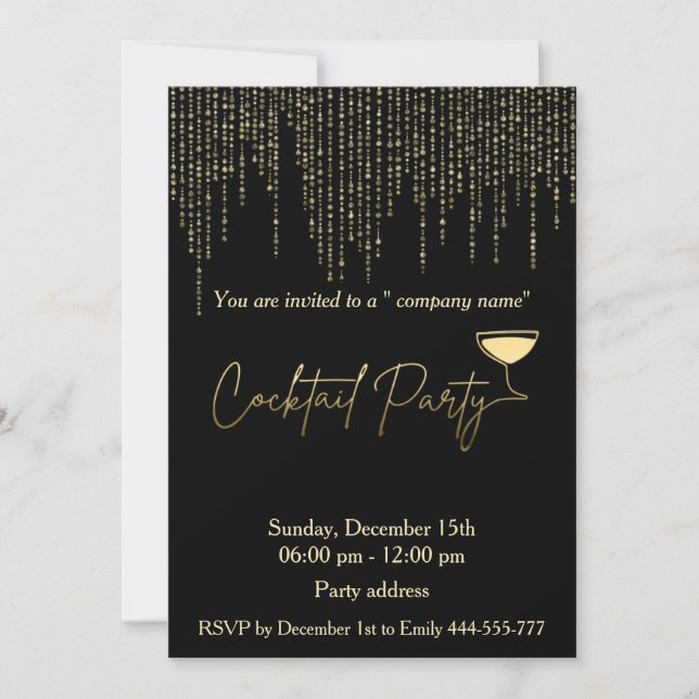 Modern gold black holiday cocktail party corporate invitation (Front)