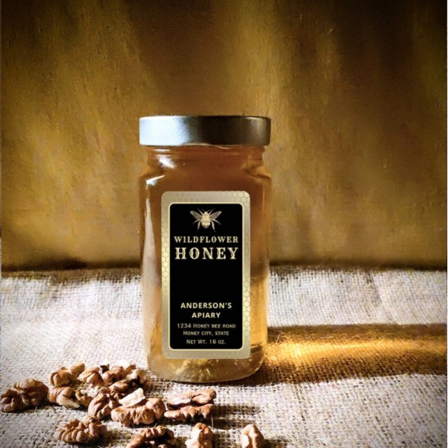Modern gold  black honeybee honey jar label (Creator Uploaded)