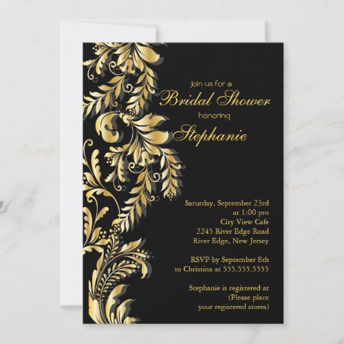 Modern Gold Black Leaf Swirl Bridal Shower Custom Invites