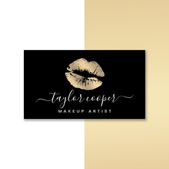 Modern gold & black lips makeup artist  business card (Creator Uploaded)