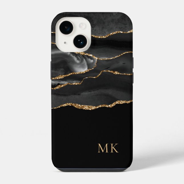 Modern Gold & Black Marble Agate Monogram Iphone Case (Back)