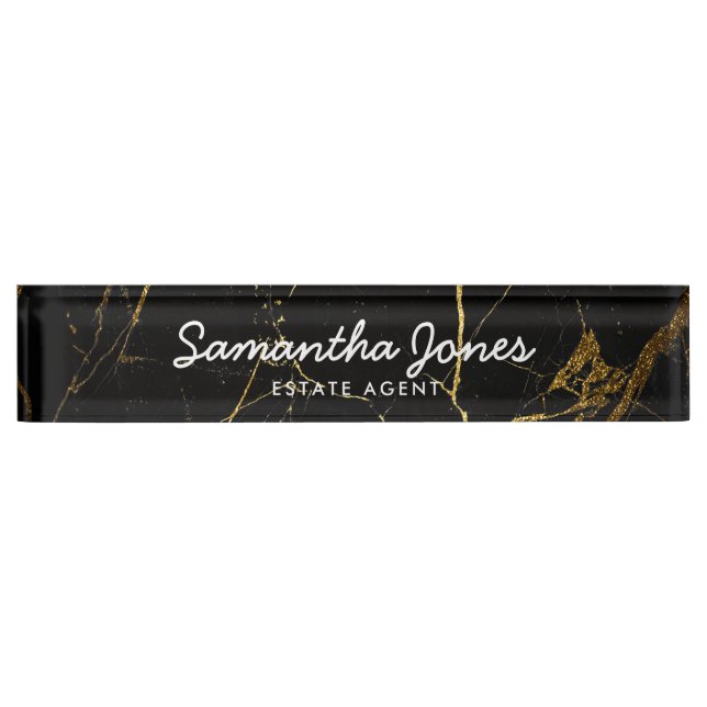 Modern Gold Black Marble Classic Personalized Desk Name Plate (Front)