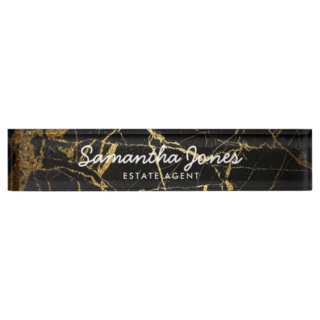 Modern Gold Black Marble Classic Personalized Desk Name Plate (Front)