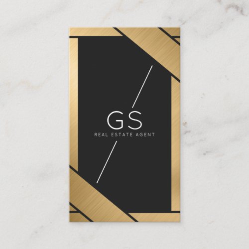 Modern Gold Black Metallic Geometric Monogram Business Card
