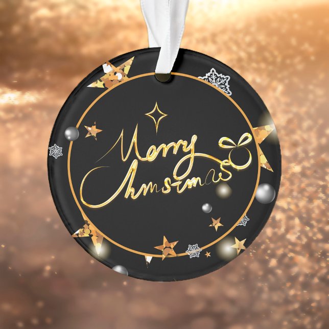 Modern Gold Black Metallic Stars Merry Christmas  Ornament (Creator Uploaded)