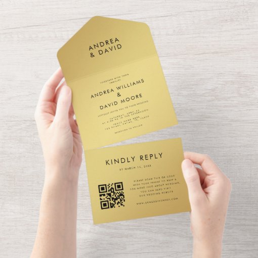 Modern Gold Black Minimalist QR Code RSVP Wedding All In One Invitation ...