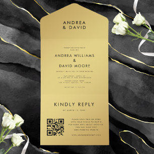 Modern Gold Black Minimalist QR Code RSVP Wedding All In One Invitation