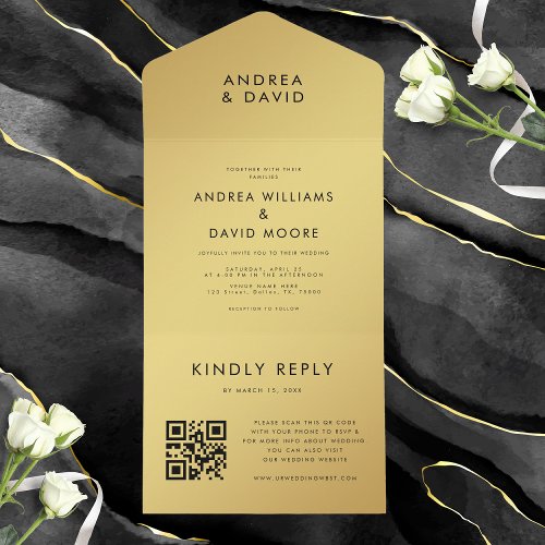 Modern Gold Black Minimalist QR Code RSVP Wedding  All In One Invitation