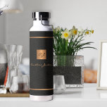 Modern gold black monogram and name personalized water bottle<br><div class="desc">Modern monogrammed classy black leather like (PRINTED) and copper gold name signature script personalized elegant water bottle. Perfect gift for a birthday,  anniversary,  job promotion,  Christmas,  wedding or other celebration.</div>