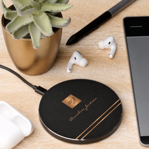 Modern gold black monogram and name personalized wireless charger 