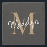 Modern Gold Black Monogram Feminine Script Name Stone Coaster<br><div class="desc">Modern Gold Black Monogram Feminine Script Name Stone Coaster. Easily personalize this modern elegant stone coaster with your custom monogram and name.</div>
