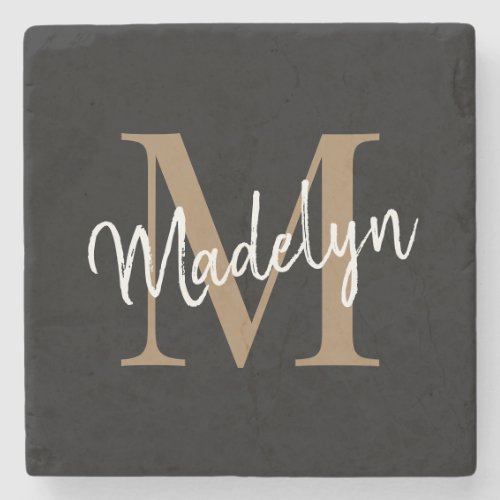 Modern Gold Black Monogram Feminine Script Name Stone Coaster