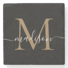 Modern Gold Black Monogram Feminine Script Name Stone Coaster Modern Gold Black Monogram Feminine Script Name Stone Coaster