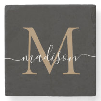 Modern Gold Black Monogram Feminine Script Name Stone Coaster Modern Gold Black Monogram Feminine Script Name Stone Coaster