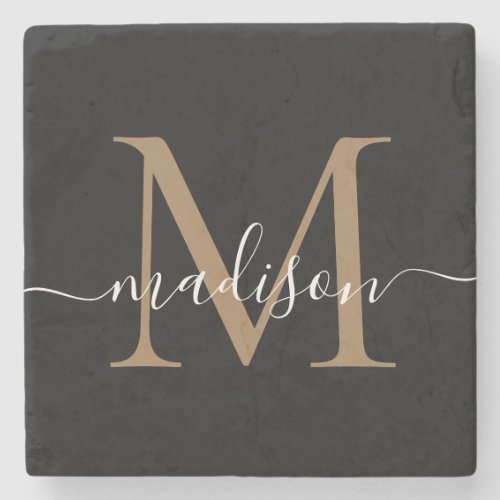 Modern Gold Black Monogram Feminine Script Name Stone Coaster
