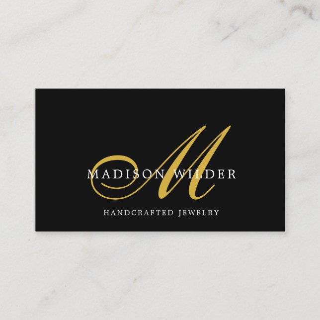Modern Gold Black Monogrammed Jewelry Designer Business Card (Front)