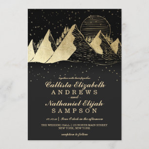 Modern Gold Black Mountains Snow Winter Wedding Invitation