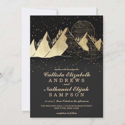 Modern Gold Black Mountains Snow Winter Wedding Invitation