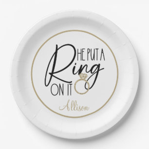 Modern Gold Black Name He put a Ring on it   Paper Plates