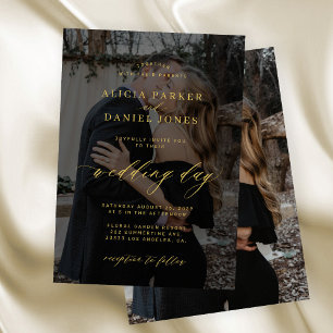 Modern gold black overlay photo wedding invitation
