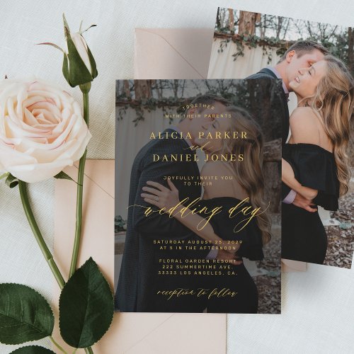 Modern gold black overlay photo wedding invitation
