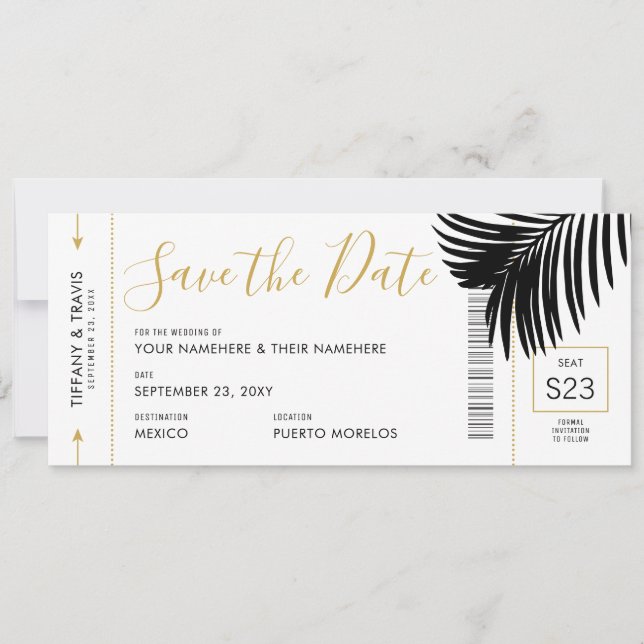 Modern Gold Black Palm Destination Boarding Pass Save The Date (Front)
