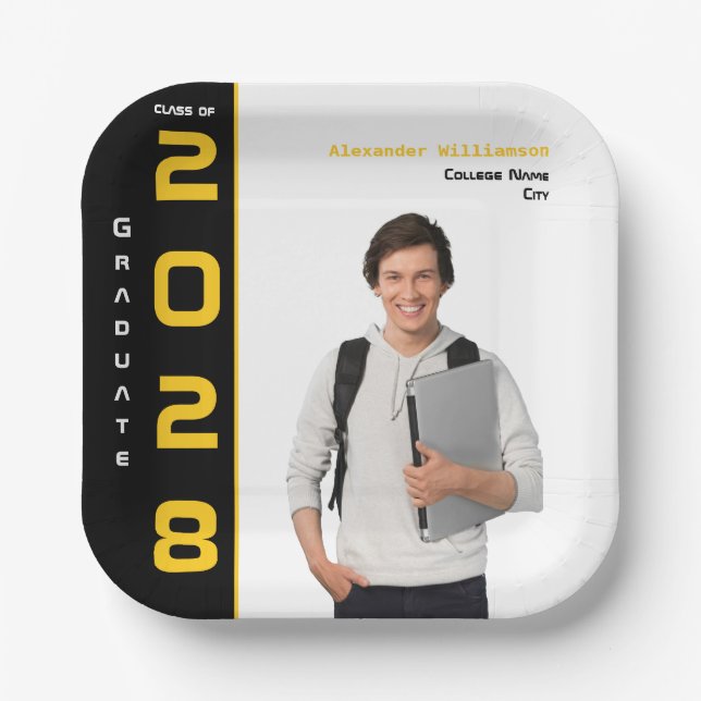 Modern Gold Black Photo Graduation Party Paper Plates (Front)