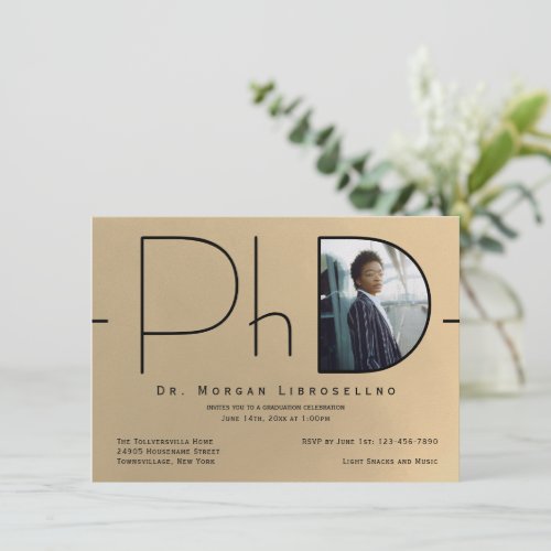 Modern Gold Black Photo PhD Graduation Invitation