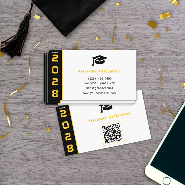 Modern Gold Black QR Code Graduation Name Card (Creator Uploaded)