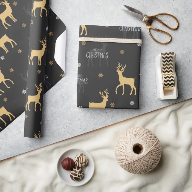 Modern Gold Black Rustic Reindeer Christmas Wrapping Paper (Crafts)