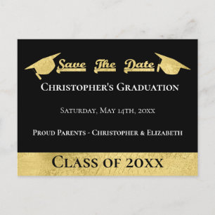 Modern Gold Black Save The Date Graduation Cap Announcement Postcard