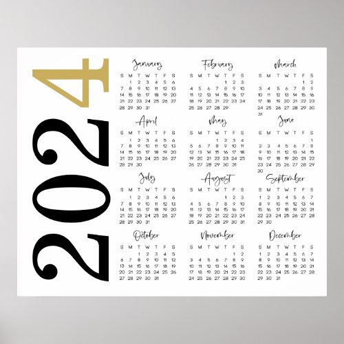 Modern Gold Black Script 2024 Calendar Poster