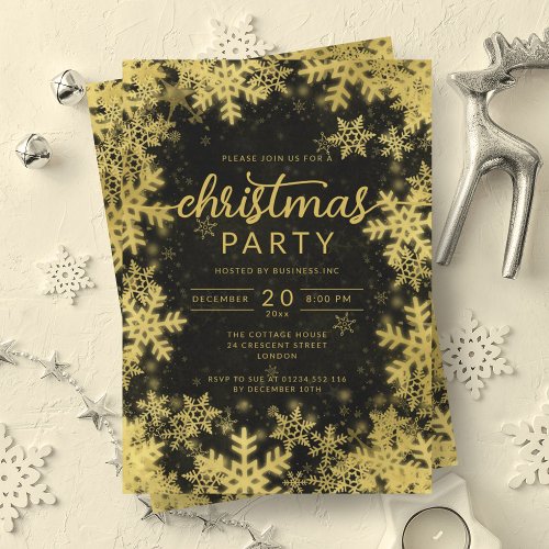 Modern Gold Black Snowflakes Company Christmas  Invitation