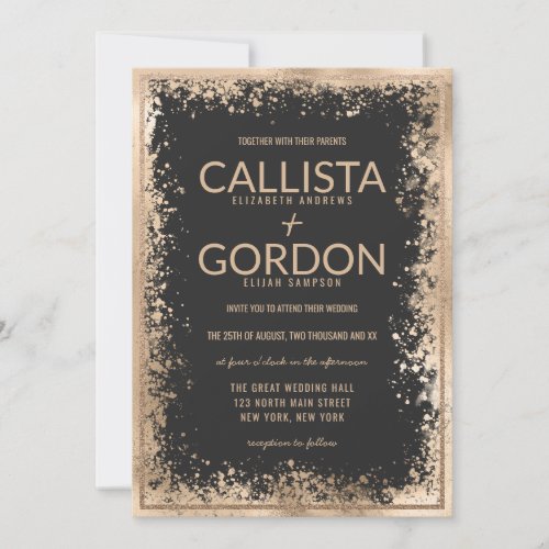 Modern Gold Black Splatter Glitter Border Wedding Invitation