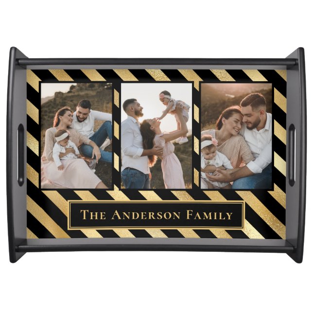 Modern Gold Black Striped Family Photo Collage Serving Tray (Front)