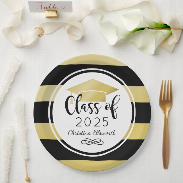 Modern Gold Black Stripes Custom Graduation Party Paper Plates (Wedding)